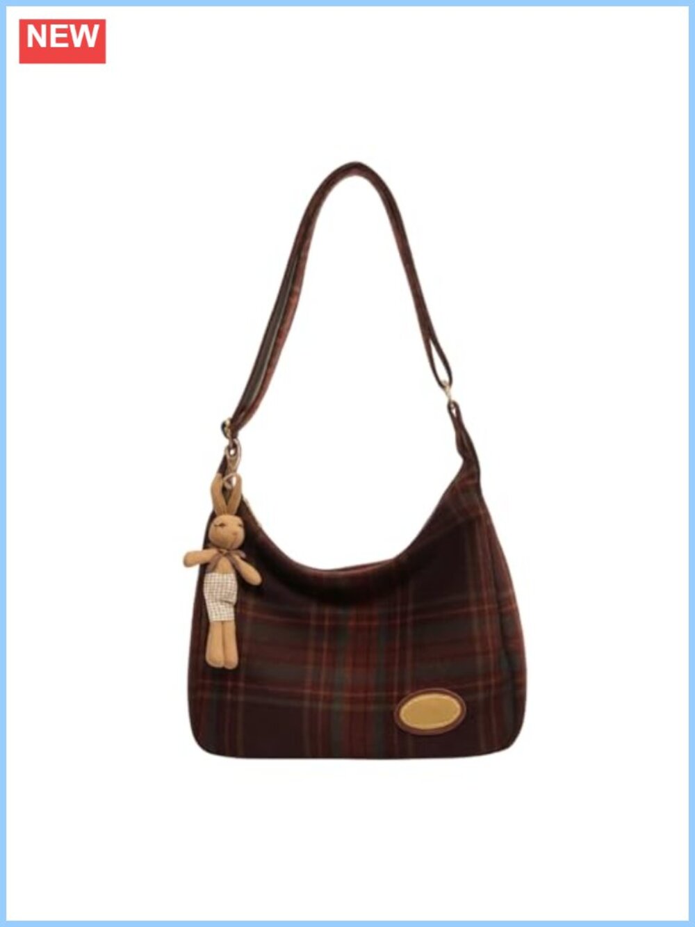 Plaid Wool Blend Hobo Shoulder Bag with Rabbit Charm